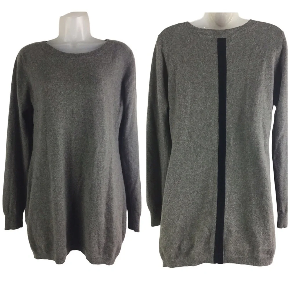 Ply Cashmere Women’s XL Crew Neck Gray Tunic Sweater Black Stripe on Back